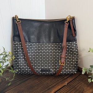 Fossil Fiona Black Dash Dot and Brown Leather Strap Women's Crossbody Bag